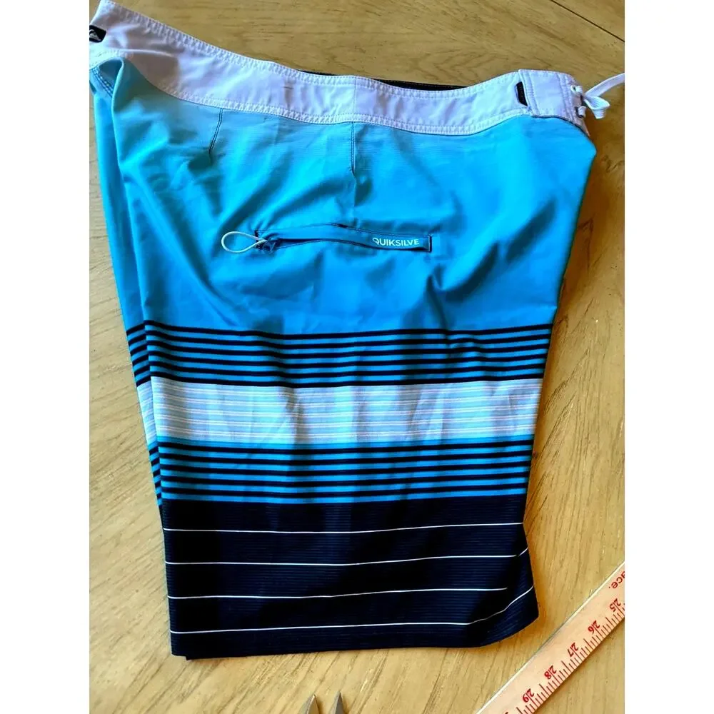 Quiksilver Board Shorts Mens 36 Blue Stripes Black Swim Trunks Beach Surf Retro